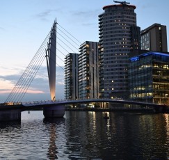 Sunset, pedestrian bridge, MediaCity, Salford Quays
