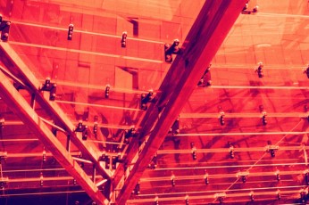 View through ceiling of RIBA North building, Liverpool
Shot on redscale film