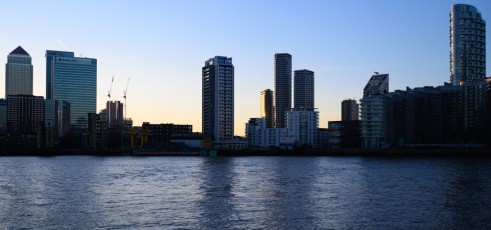 Sunset from the O2, looking towards Canary Wharf, London